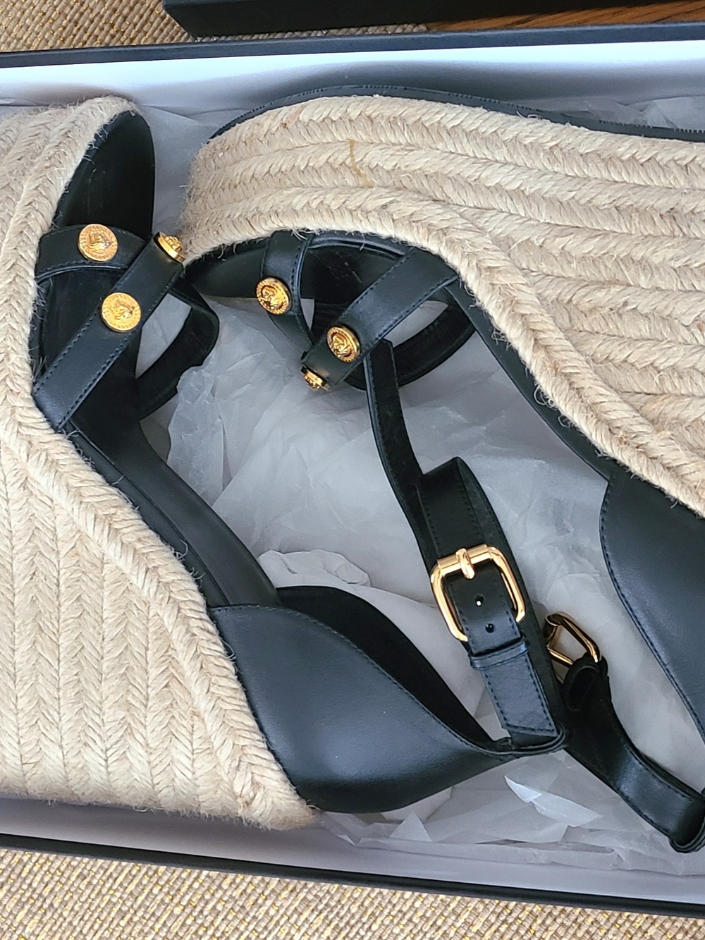 Versace Black Leather Espadrille Wedges with Gold Medallion Hardware